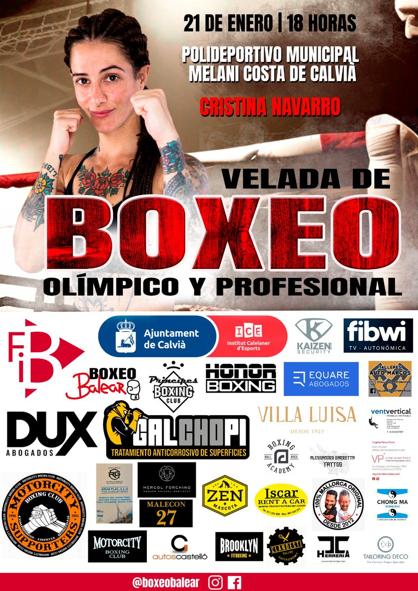 BalearBoxeo's tweet photo. Cartel oficial de la velada de boxeo olímpico y profesional del próximo 21 de enero de 2023, en Calvià.

Día: 21 de enero
Hora: 18 horas
Lugar: Polideportivo Melani Costa (Calvià) https://t.co/2QCi13abuS