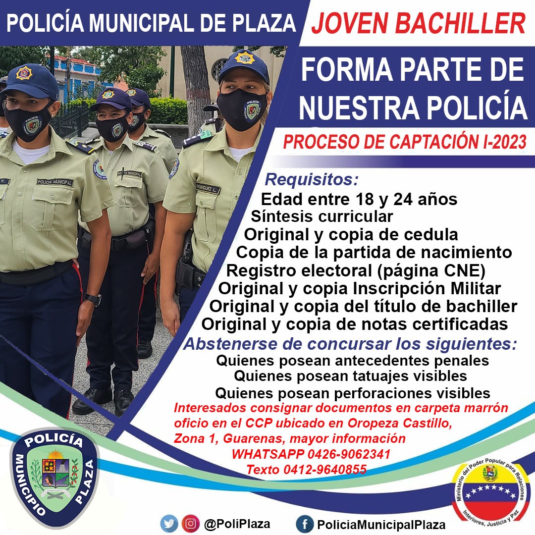 #ULTIMAHORA abierto el proceso de reclutamiento para nuevos ingresos para la Policía Municipal Plaza, joven bachiller preinscribete forms.gle/DRr7NMkW9swWMJ…