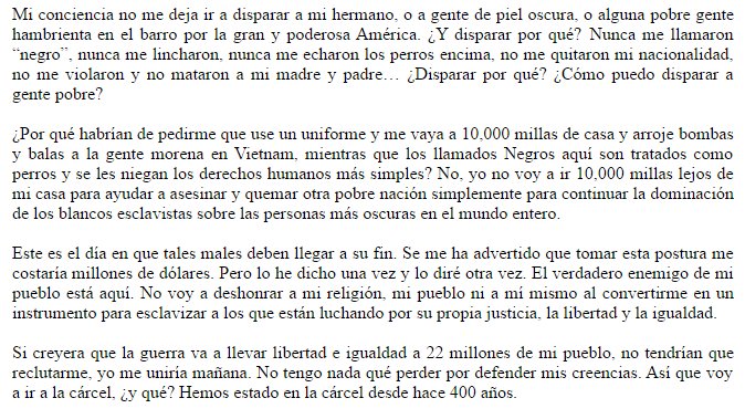 En 1967, Muhammad Ali 🥊👑se negaba a ser parte del ejército estadounidense en la Guerra de Vietnam. Perdió su título y años de plenitud deportiva. Gigante, dentro y fuera del ring. Lo hizo con estas palabras. Emocionante. Inolvidable. Indispensable. Lectura recomendada del día👇