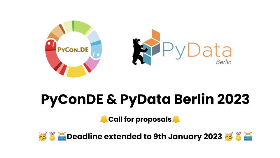Hey there Pythonistas! We understand post-holiday season can be really busy. We have extended the deadline for CFPs until 🥁9th January 2023🥁Don't miss out on this special opportunity to contribute to these exciting conferences! 
#pyconde #pydata 

2023.pycon.de/blog/call-for-…