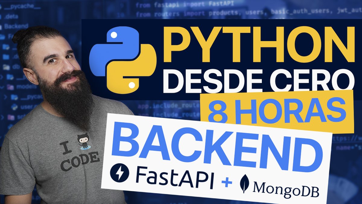 MoureDev's tweet image. Allá vamos... ¿Quieres aprender Python para Backend desde cero?

¡Aquí tienes mi curso!
▶️ youtu.be/_y9qQZXE24A

➡️ 8 Horas de vídeo
➡️ 18 Clases
➡️ Todo el código disponible
➡️ API Rest
➡️ FastAPI
➡️ Autenticación
➡️ MongoDB
➡️ Despliegue en servidor

Y 100% gratis.