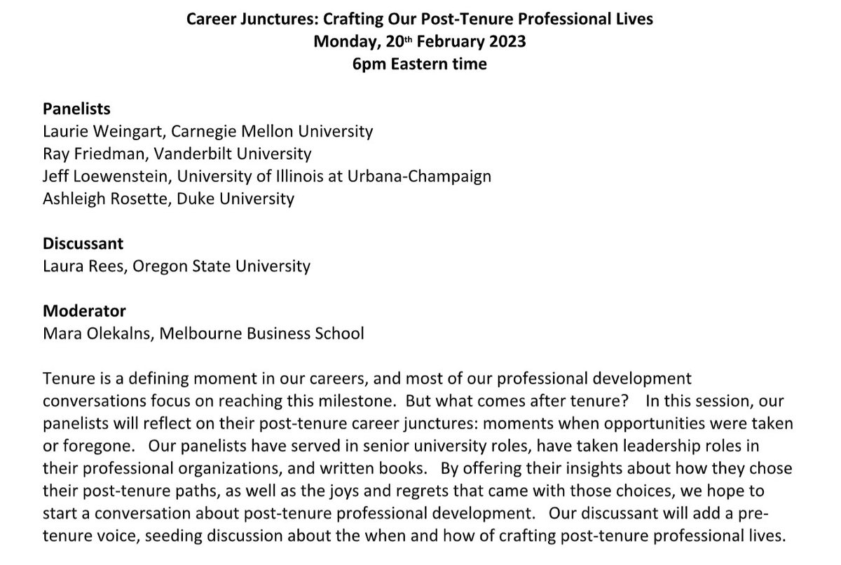 How do you craft a post-tenure professional life?  Join CM division members to hear the joys and regrets of different post-tenure paths.

Live on Zoom, Monday, February 20th at 6pm Eastern.

Register here:
us06web.zoom.us/meeting/regist…

Please share widely!
