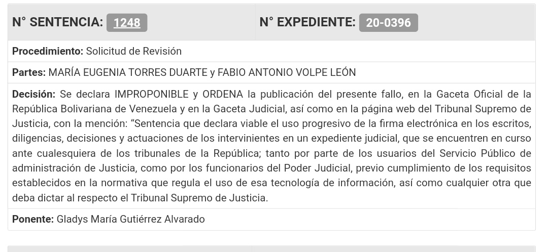WilsonGomezGB's tweet photo. Sentencia N° 1248 del 15/12/2022 Sala Constitucional @TSJ_Venezuela Declara viable el uso progresivo de la firma electrónica en los escritos, diligencias, decisiones y actuaciones de los intervinientes en un expediente judicial. TIC. 🧐💻 LINK no abre🧐 @GladysTSJ @BarbaraCesarS https://t.co/XaLyZ2lfKq