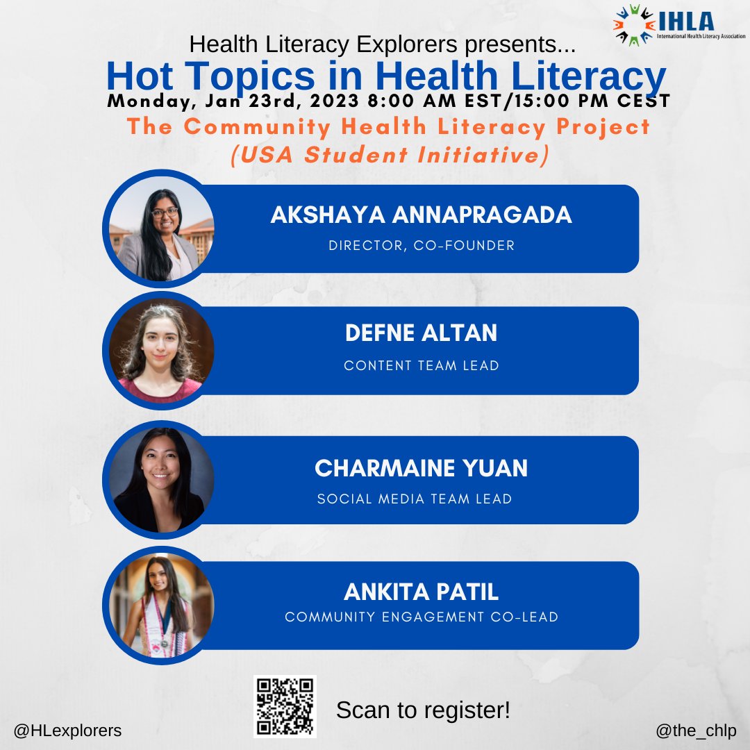 HLexplorers's tweet photo. Register today to join us on Jan 23 (8 AM EST) for another round of #HotTopicsInHealthLiteracy! This episode features a roundtable discussion with @the_chlp team- a student #healthliteracy #COVID19 initiative that started @Harvard.
Link: https://t.co/Z8LhRNzWQB
@theIHLA https://t.co/Dp3EzJaYhM
