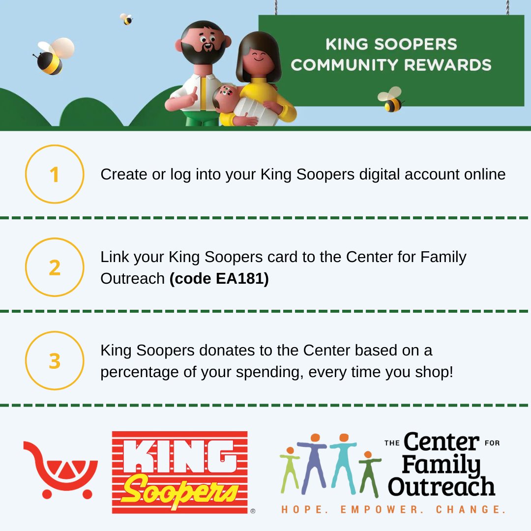 Making your shopping list for the new year? Support the Center for Family Outreach while you stock up on all the essentials by signing up for King Soopers Community Rewards!

It's as easy as 1-2-3!

Visit this link for instructions: kingsoopers.com/i/community/co…