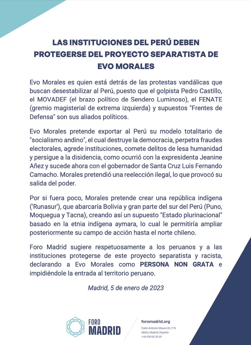 Foro_MAD's tweet photo. 🇵🇪 #Perú | LAS INSTITUCIONES DEL PERÚ DEBEN PROTEGERSE DEL PROYECTO SEPARATISTA DE EVO MORALES https://t.co/iwwetdPhpo