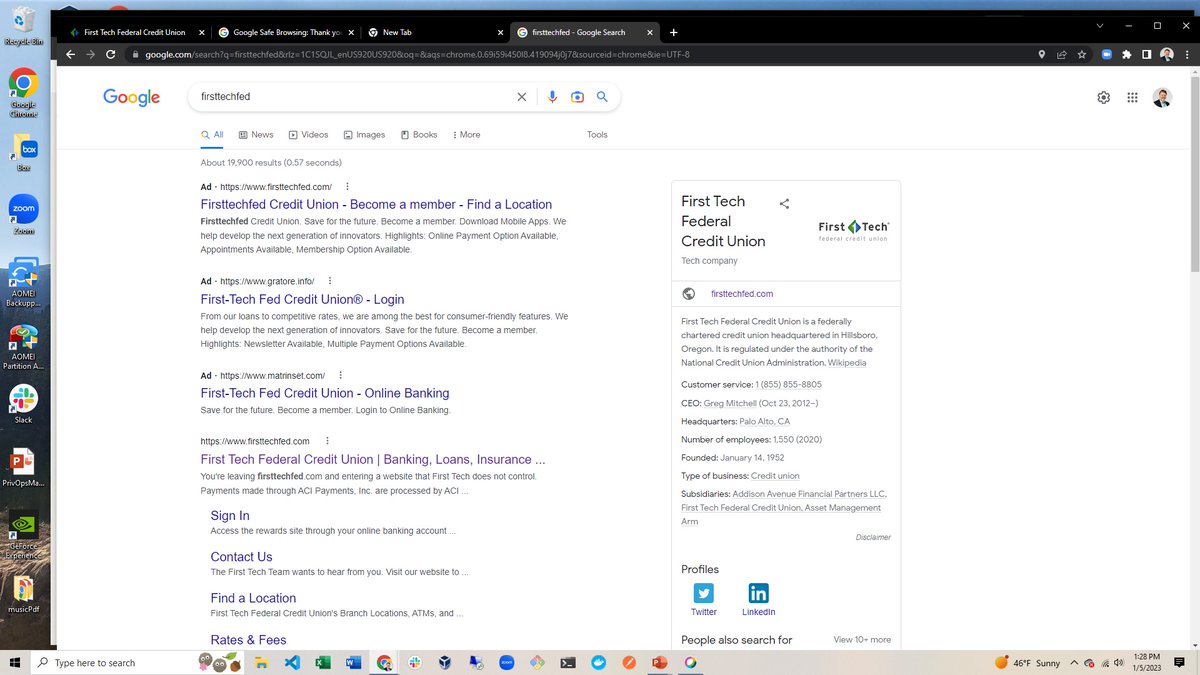 Tyler_J_J's tweet image. Here is a shot of the @google search and one of the fake #phishing URLs.  All 3 of the ads link to phishing websites. Oh. and I called @FirstTechFed customer support and they did nothing...
  #GoogleFail  #FirstTechFedFail