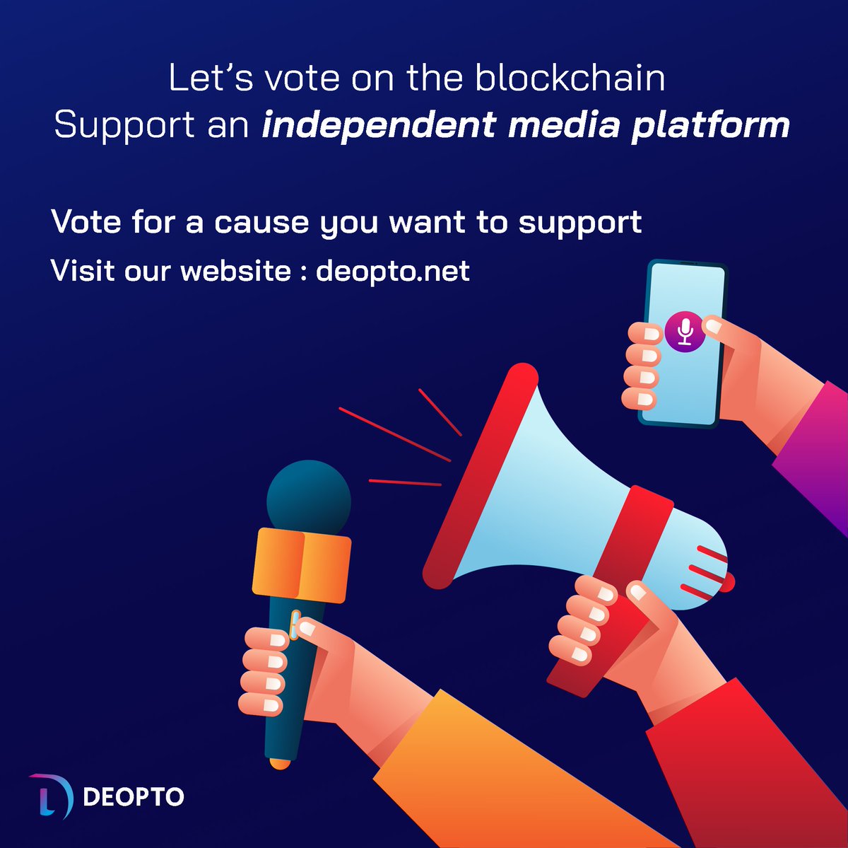 deopto's tweet photo. Our first poll has launched!

In the coming days we will reveal all 6 of our vote options for You day by day and our goals with them.

Here is our first: Support and independent media platform.

Our first poll's main focus is the help our local surroundings. (1/2) https://t.co/XU08XAPuzT