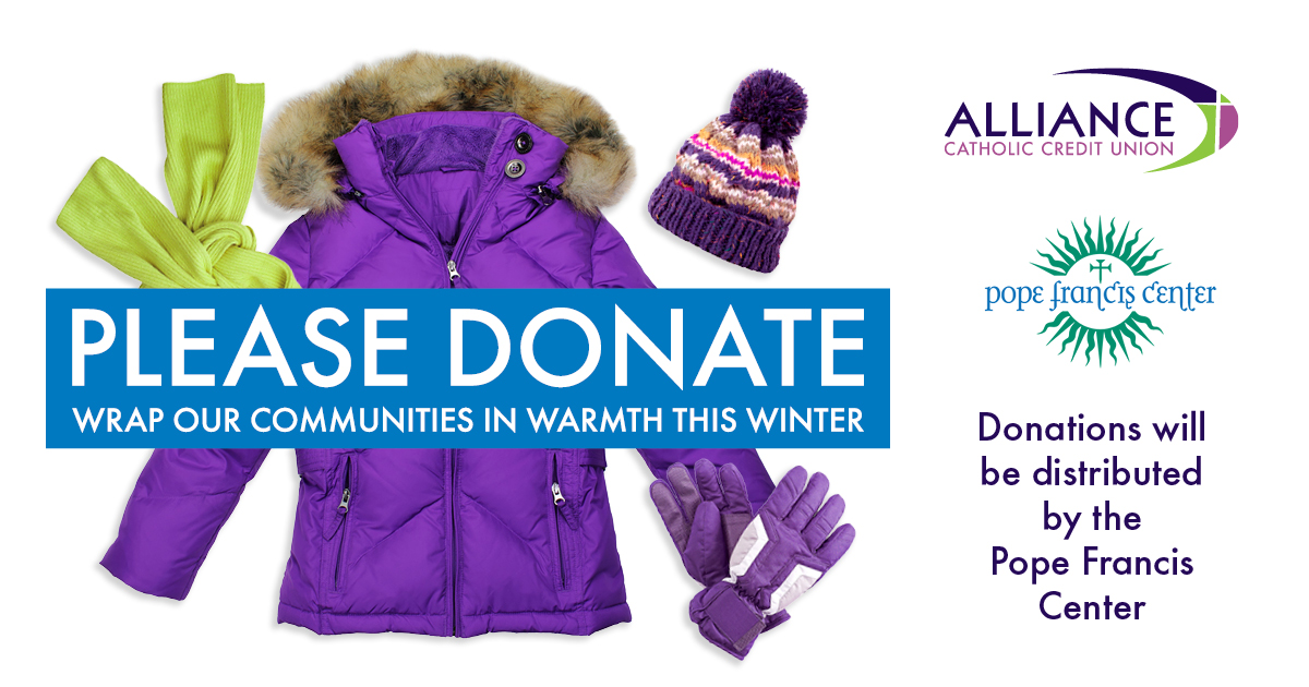AllianceCathCU's tweet photo. We're hosting a coat drive for the Pope Francis Center!

Throughout January, ACCU will accept donations of new men's and women's coats, hats, gloves, scarves, underwear and socks.

A collection bin is located in each branch lobby.

Stop by and donate today! https://t.co/xXRHGB7vJ8