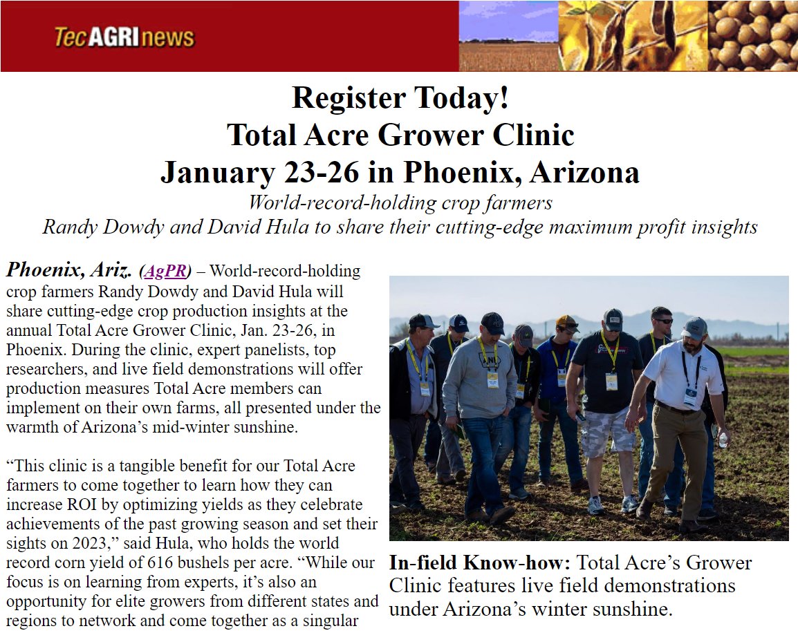 Register Today!
Total Acre Grower Clinic
January 23-26 in Phoenix, Arizona
World-record-holding crop farmers
Randy Dowdy and David Hula to share their cutting-edge maximum profit insights.
agnewscenter.com/archives.cfm?n…
#maximumyield #maximumprofit #agriculture #agronomy <a href="/dowdycrop/">Total Acre</a>