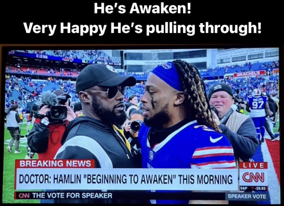 TheRealRajiim's tweet photo. Damar @d.ham3 Hamlin has awaken! Even asked via writing who won the game! So happy that the @uofcincy was able to provide him the AWESOME healthcare they are known for! Great job to all involved. Way to show #CincinnatiStrong to the world! @nfl @BuffaloBills @Bengals https://t.co/GiMmFy9AqX