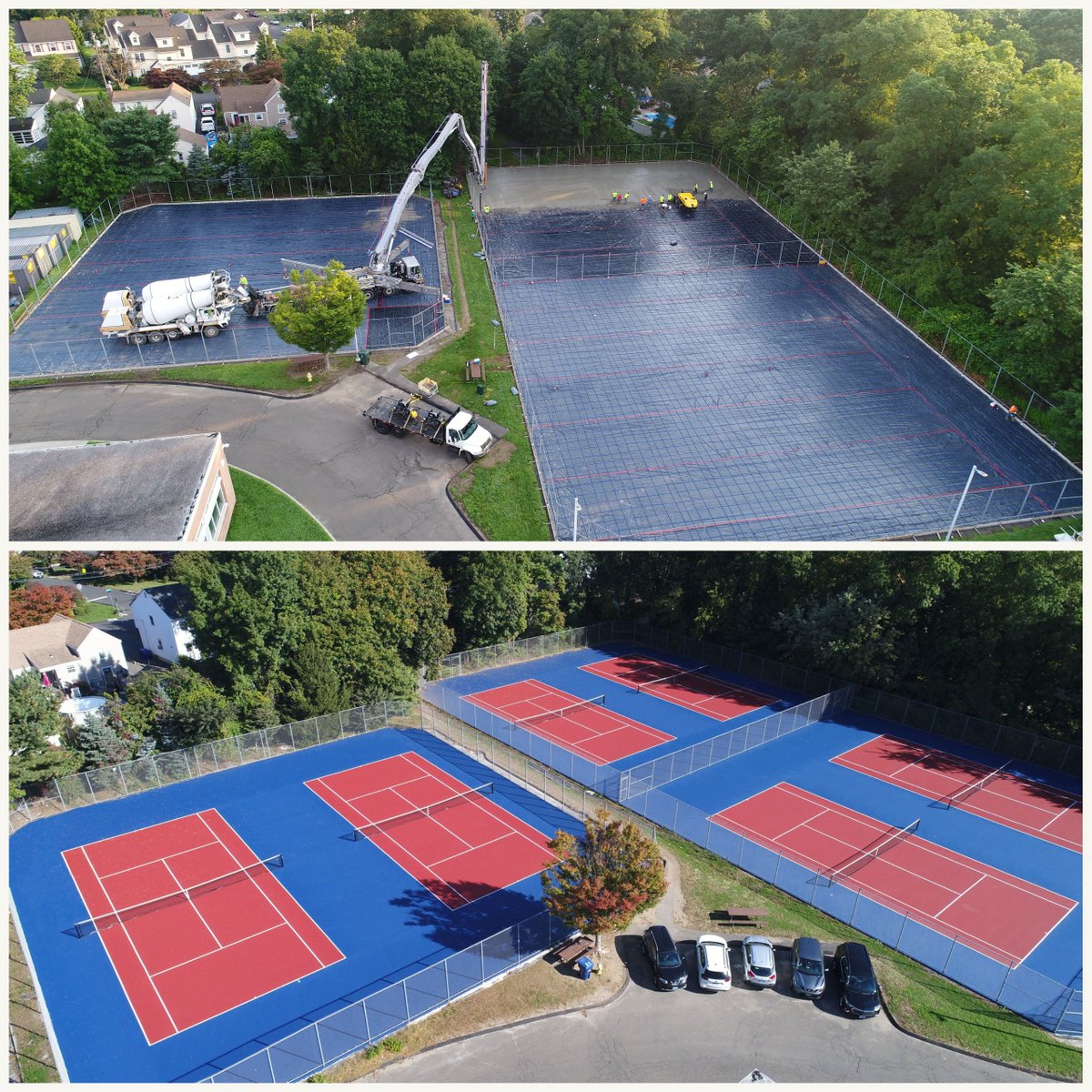 Our first #ThrowbackThursday of 2023 comes from our work at Brien McMahon High School in Norwalk, CT. These shots show our team adding concrete to a post tension base, and the completed product: 6 pt tennis courts. 

#ClassicTurf #OnTheJob #SportsBuilders