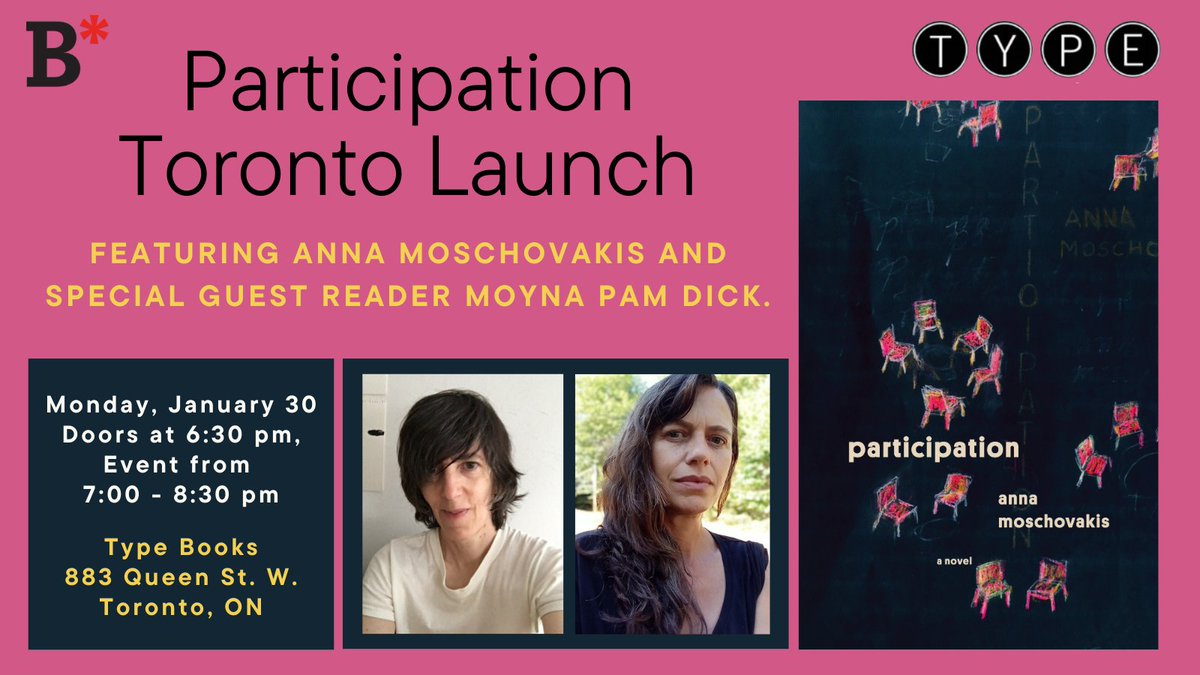 SAVE THE DATE! Book*hug Press and @typebooks invite you to celebrate Anna Moschovakis’s new novel Participation! Monday, January 30 7:00 pm ET Type Books, 883 Queen St. W., Toronto, ON Free. All are welcome. FB event page: fb.me/e/2wWYCzMzD