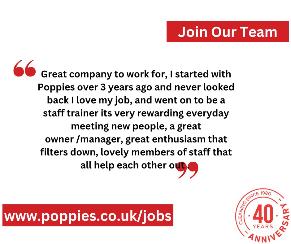 Poppies is all about people and our team are vital to the great service that we provide our customers. 

If you are looking for employment, check out our jobs page or DM us to find a role to suit you

bit.ly/3Gda5oR

#cleaningcompany #cleaningjobs #flexiblejobs