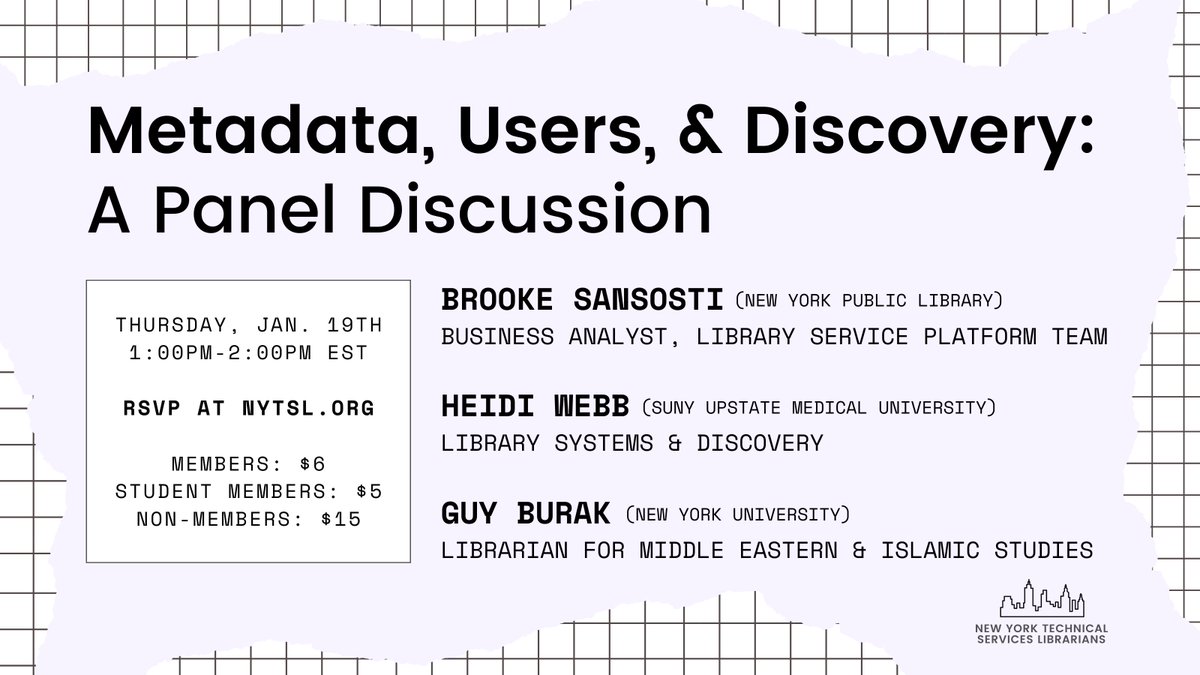 nytsl's tweet photo. Join us Thursday, January 19th, 1pm-2pm EST for
"Metadata, Users, and Discovery: A Panel Discussion" with Brooke Sansosti, Heidi Webb, and Guy Burak

RSVP at https://t.co/q5TOqGjwIp

#LibraryTechnicalServices #LibraryMetadata #DiscoverySystems #Cataloging #LibraryReference https://t.co/YYqsF0KGBl