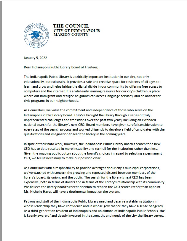 kolyn_cheang's tweet photo. JUST IN: The Indianapolis City-County Council has called on the IndyPL library board to appoint Nichelle Hayes as CEO, and not commence a new search for a leader, as the board said they would do. They said failing to do so would have a detrimental effect. Story to come. https://t.co/9oHCBBcLJ4