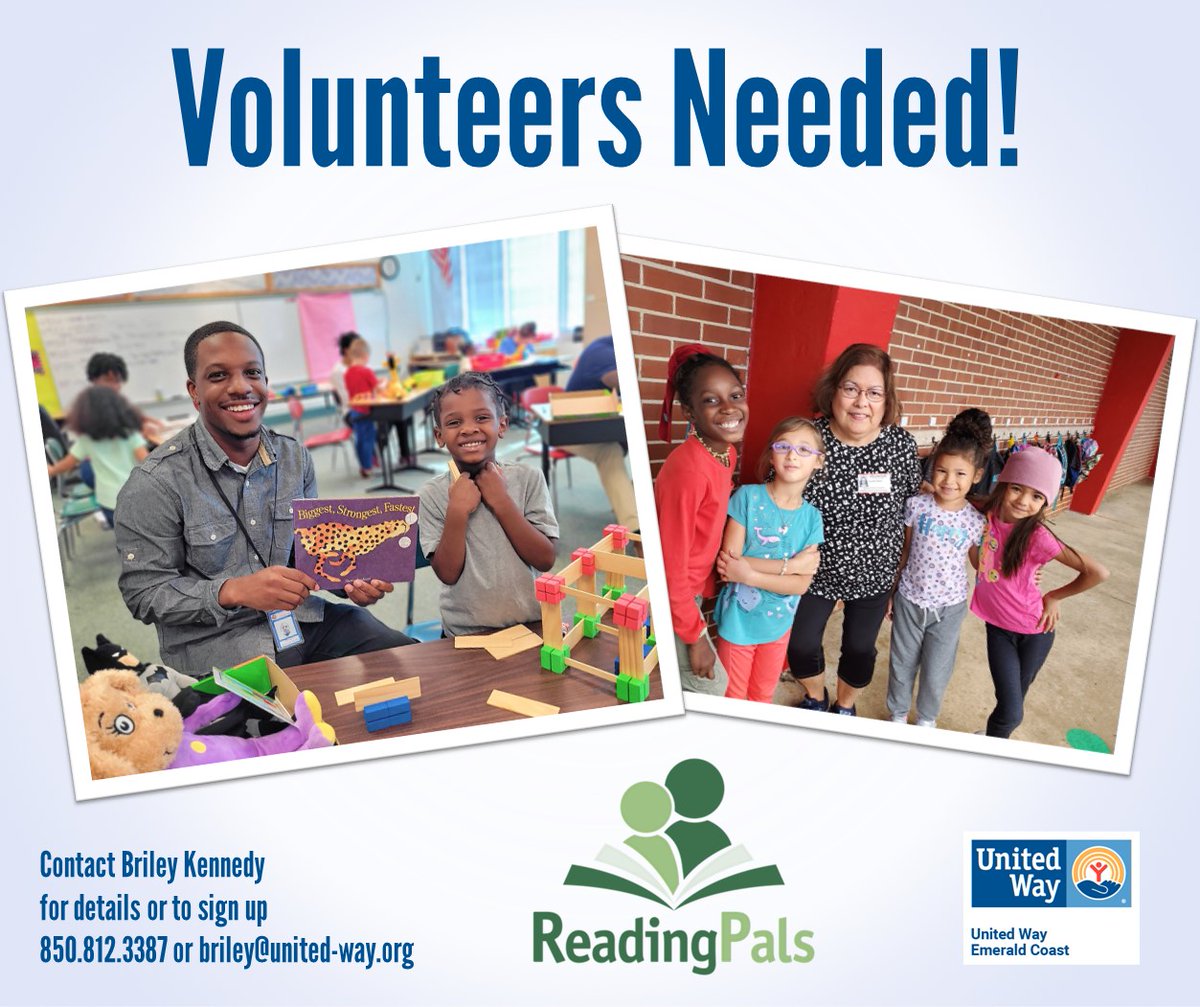 United Way Emerald Coast (@uwemeraldcoast) on Twitter photo π€Volunteers needed! π
In just 30 minutes you can help a child learn to read!
Contact RSVP Director of Okaloosa County, Briley Kennedy, for further information and to sign up!
850.812.3387 or briley@united-way.org | #volunteer #ReadingPals π€Volunteers needed! π
In just 30 minutes you can help a child learn to read!
Contact RSVP Director of Okaloosa County, Briley Kennedy, for further information and to sign up!
850.812.3387 or briley@united-way.org | #volunteer #ReadingPals