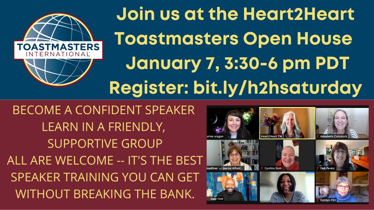 Heart2HeartToa1's tweet photo. It's contest time...come to our meeting this Saturday for our annual speech evaluation contest. Constructive feedback is one of the most valuable parts of the #toastmasters experience. All are welcome. To attend online, register via Zoom here https://t.co/8CUnDFoUQ9 https://t.co/lGoBBavPn0
