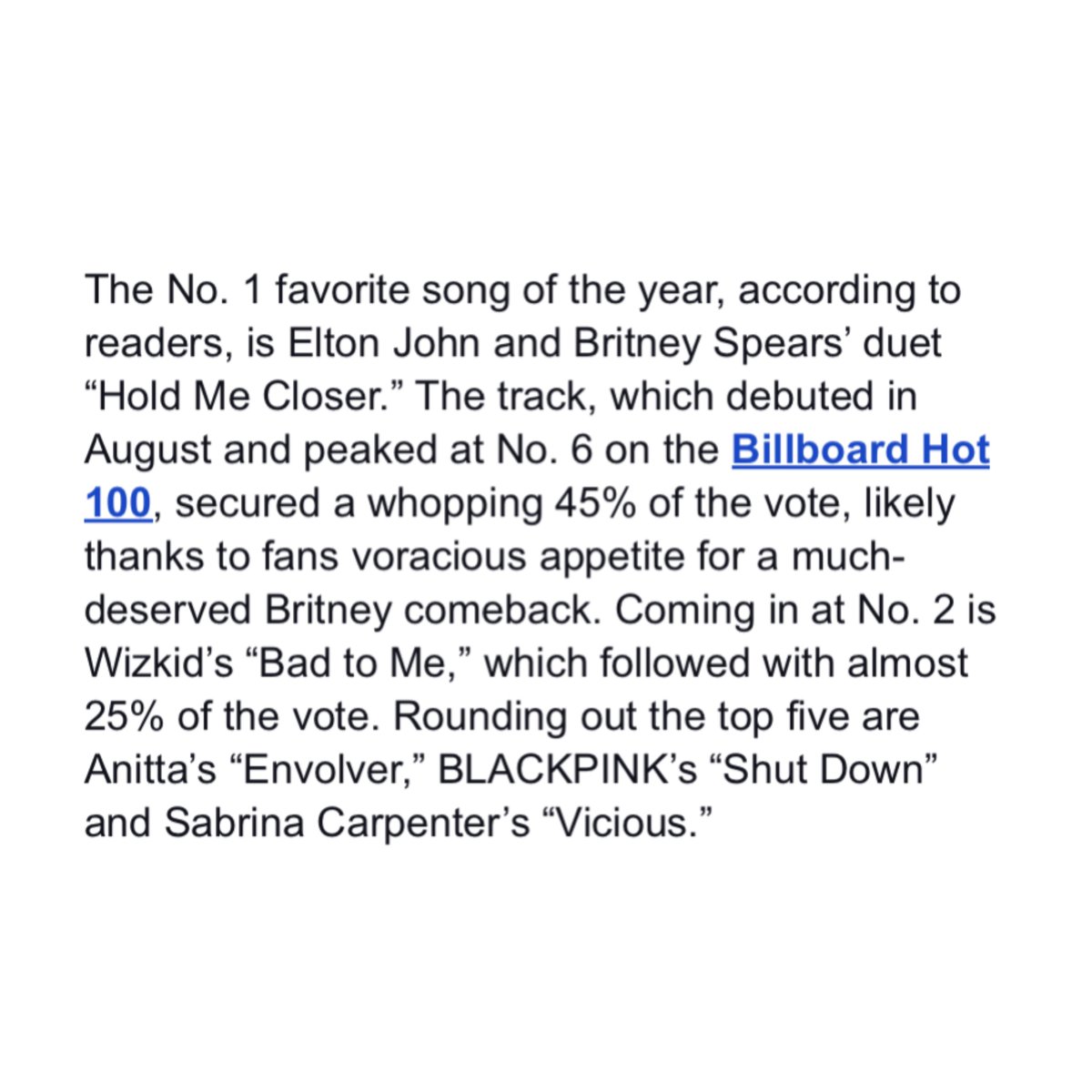 #HoldMeCloser has won Billboard's Favorite Song of 2022 readers' poll with 45% of the votes. 🥇