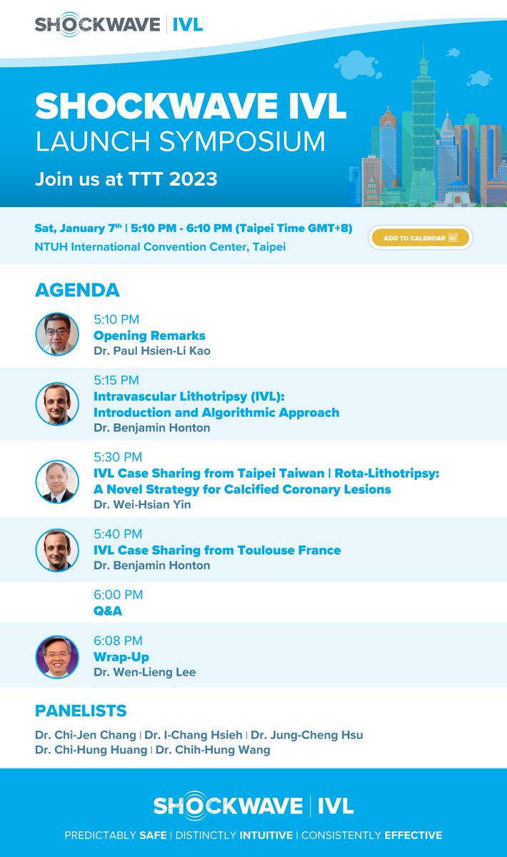 ShockwaveIVL's tweet photo. Tomorrow at 5:10 PM (GMT+8) don’t miss the #ShockwaveIVL launch symposium at #TTT2023 in Taipei. Dr @HontonB and Dr Wei-Hsian Yin will discuss the benefits of #CoronaryIVL for calcified coronary lesions supported by two live-in-a-box case sessions.

ISI https://t.co/sZ0NdzXNcV https://t.co/88RXdEQXep
