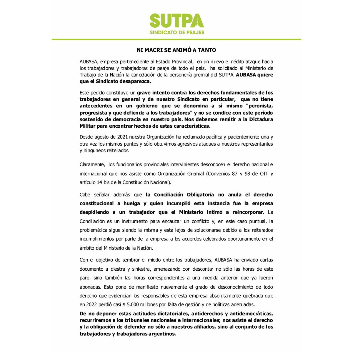sutpapeajes's tweet photo. AUBASA quiere que desaparezca SUTPA https://t.co/DMvk46IYq1
