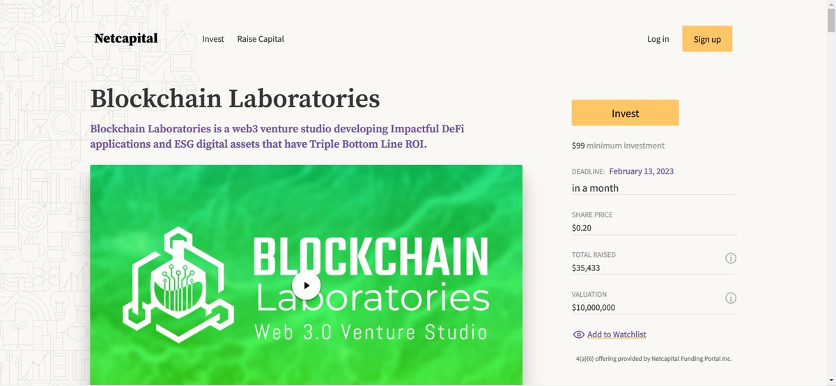 Why not make the minimum investment of $99 and get 495 shares of Blockchain Laboratories? buff.ly/3BeeHY5 
For less than many people people send on coffee a month you can get exposure to our portfolio or web3 SaaS and Nature Positive brands.