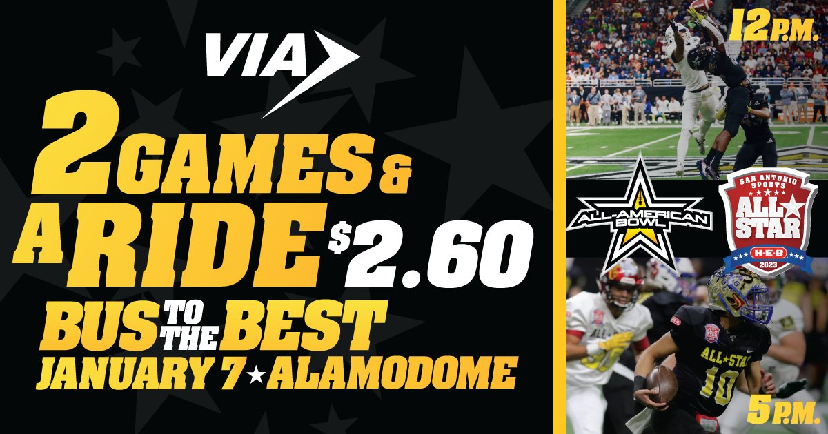 #RideVIA from Crossroads Park & Ride to the All-American Bowl and the San Antonio Sports All-Star Game at the Alamodome this Saturday, Jan. 7 for just $2.60 roundtrip! 🏈🚍Park & Ride service begins at 10 a.m. Details at VIAinfo.net.