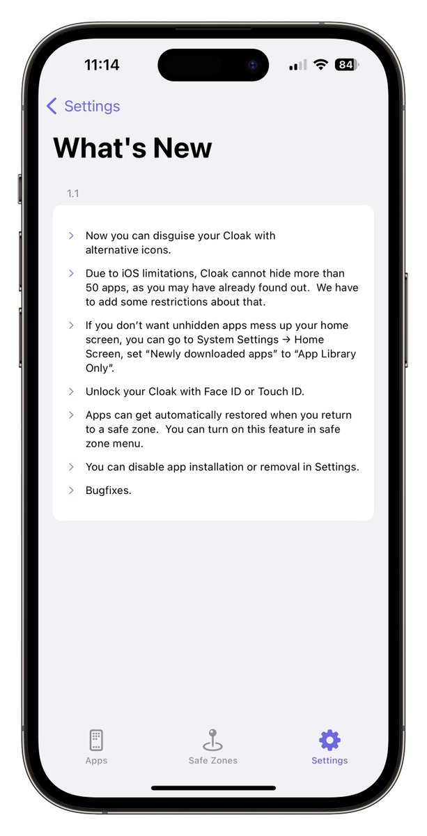 Cloak 1.1.0 is live on App Store.  Here is wha’s new:

- Alternative icons.
- Face ID / Touch ID unlock.
- Restore apps when back into safe zone.
- Disable app installation or removal.

Download: apps.apple.com/app/cloak-hide…