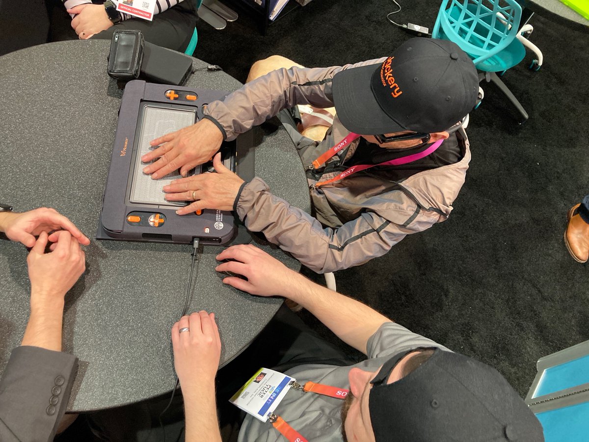 APHfortheBlind's tweet photo. The first day of @CES is in full swing &amp; we can't wait to share all of our accessible tech with you! Stop by our booth (#8369 LVCC North) to learn, play, and get a first look at the Monarch, a dynamic tactile device that will display both braille &amp; tactile graphics #CES2023 https://t.co/29fqaX3LhH