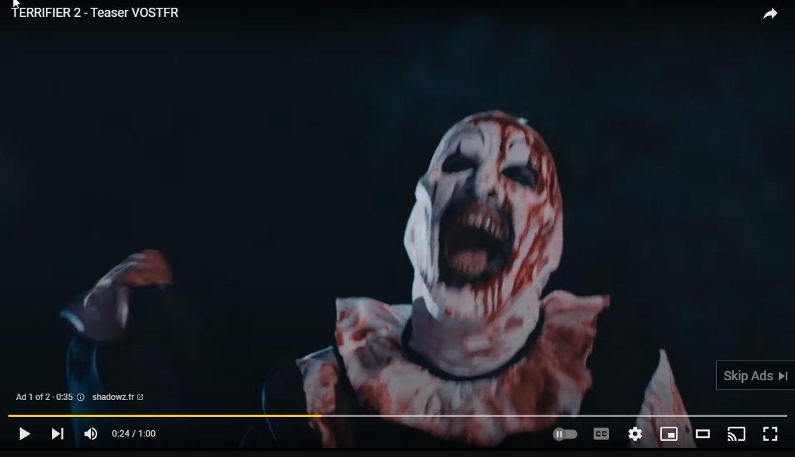 Alien_monkey42's tweet photo. @YouTube : " You can't swear in the first 30 seconds because it's not advertiser friendly" 

-Also Youtube: Pre-Roll ads for one of the goriest films of the last 10 years.

#Terrifier2 https://t.co/w5zBLikegE