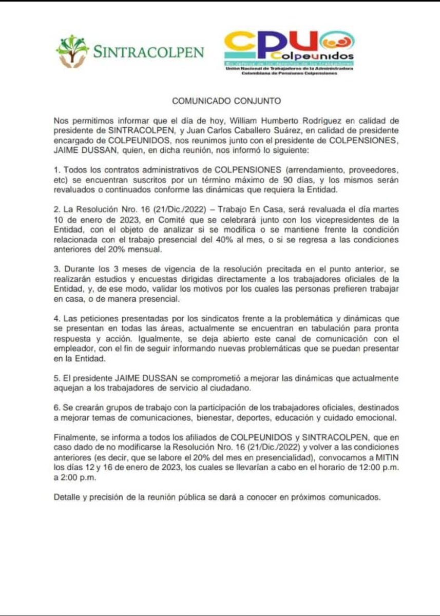 colpeunidos's tweet photo. En espera de resultados concretos @Colpensiones que rindan homenaje al valor de la palabra @dussanja en virtud del escenario del diálogo social @MintrabajoCol para que se retomen las directrices de trabajo en casa @petrogustavo de la administración anterior. https://t.co/MLoGcQUEEC