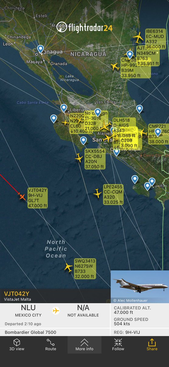 Flight from Mexico City 
fr24.com/VJT042Y/2ec1db… sobrevolando el Pacífico Costarricense #ADSB #9HVIJ