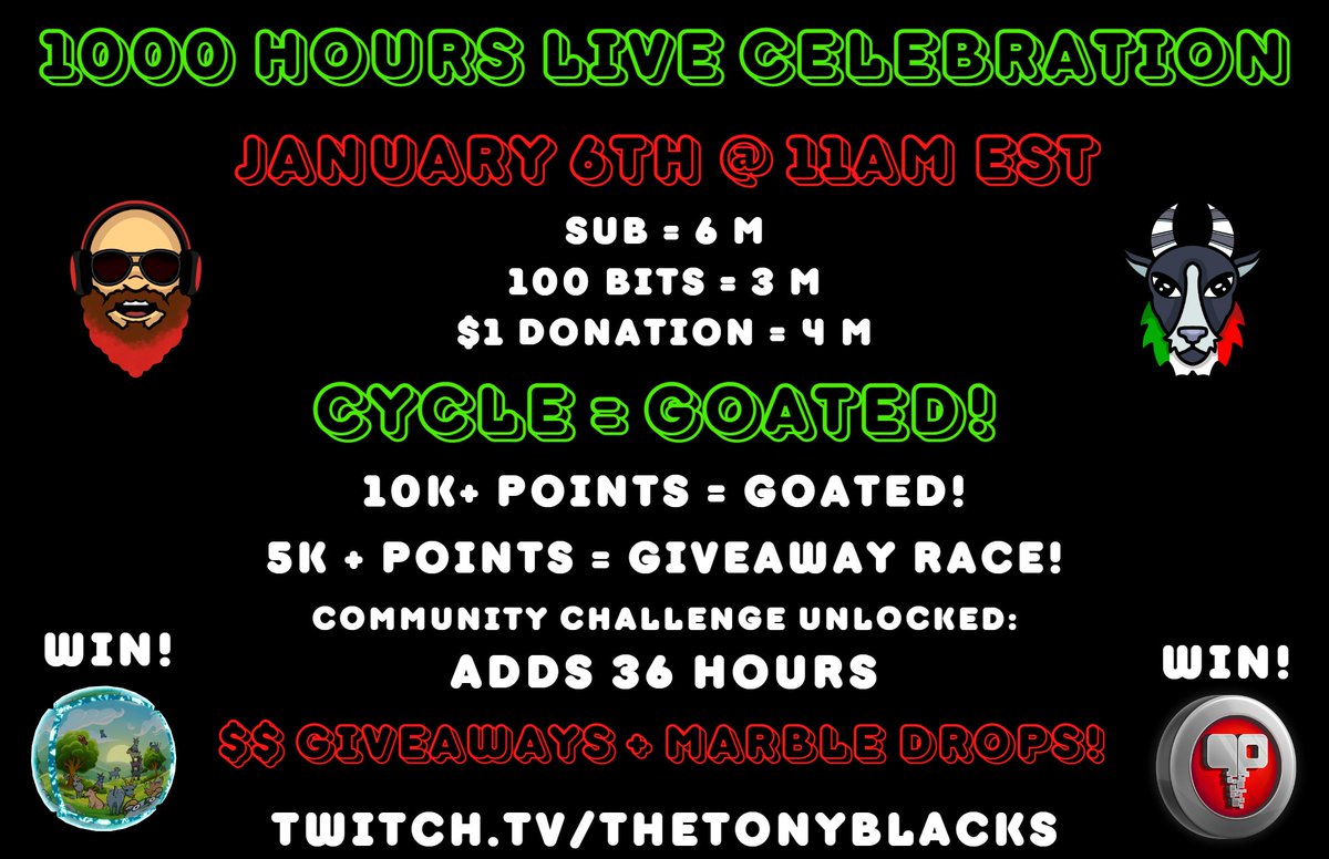 TheTonyBlacks's tweet photo. 🥳1000 HOURS LIVE CELEBRATION! 🥳

😱At 4AM EST. We will hit 1K hours live!😱

🧃LET'S JUICE IT UP!🧃

😮I ALSO HAVE BIG NEWS TO ANNOUNCE TOMORROW!😮
(For the first 24 hours after 1k I have bumped up everything!)
#MarblesOnStream 
#Foreverathon
#GetGoated https://t.co/WSSCNX5ug5