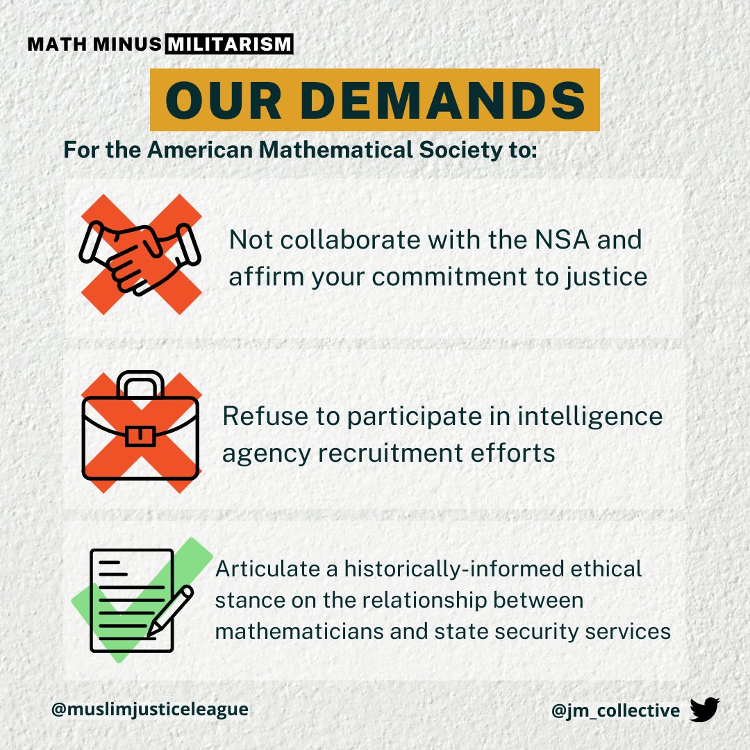 MuslimJustice's tweet photo. The NSA is the largest employer of mathematicians in the US, and granting them space at a job fair for the nation’s largest association of mathematicians only increases their access to talent and furthers their racist, colonialist, and imperialist work. #mathminusmilitarism /2 https://t.co/8CjoZaefn4