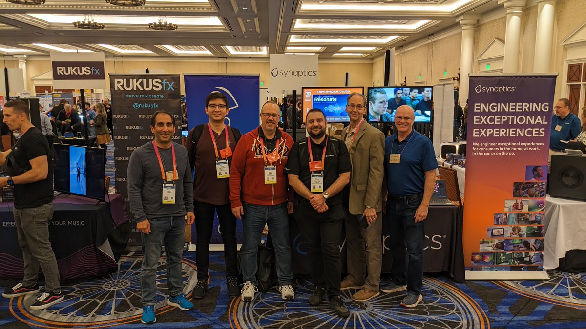 SynaCorp's tweet photo. A great night at #Pepcom showcasing some of our new innovations like #wirelessdocking for #PCs and multi-monitor setups, surface audio that transforms a display into an integrated speaker, and local dimming for enabling bright and power efficient #touchdisplays in cars #CES2023 https://t.co/NtKnzbEwce