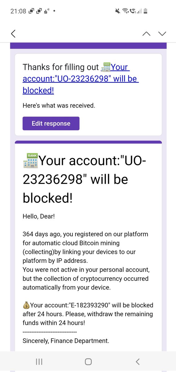 Achtung: War maximal irritiert von dieser Scam Mail, die über den offiziellen Google Forms Service kommt. Irgendwer kann da eure Mail in ein Formular eintragen und Bullshit mit Scamlinks über Google schicken. Falls ihr sowas bekommt, direkt löschen und nicht den Link öffnen!