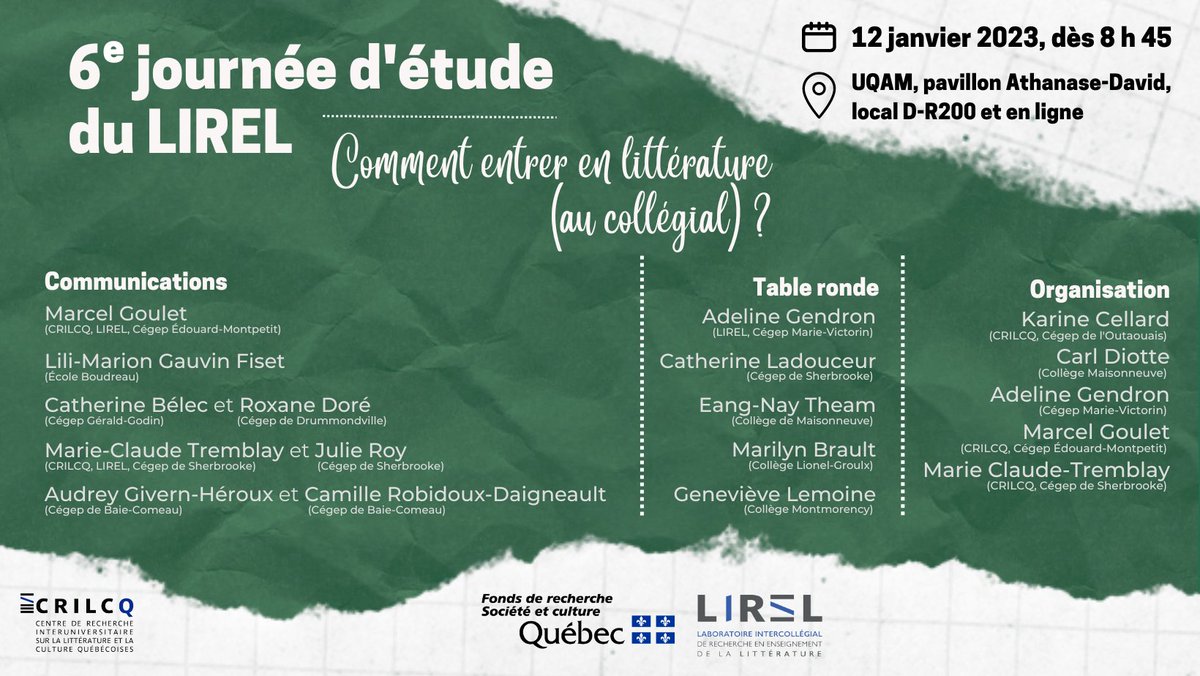 crilcq's tweet photo. ❗️[DERNIER RAPPEL] C'est demain qu'à lieu la 6e journée d’étude du LIREL, intitulée « Comment entrer en littérature (au collégial) ? ».

📅12 janvier 2023
📍 à l’@UQAM et en ligne

Détails et accès en ligne 👇
https://t.co/qJ3Nyy0M72

#CommunautéFRQ #LIREL #littqc https://t.co/EIZOr26o0V