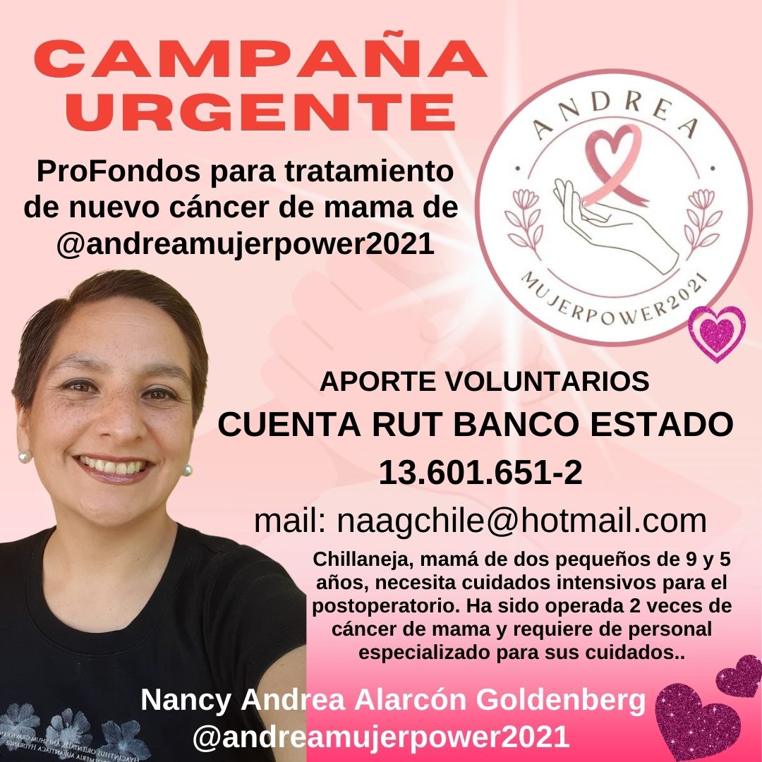 psloresol's tweet photo. Nuestra querida Andrea Alarcón, de @andreamujerpwer del equipo de AhorayTerapias está atravesando un segundo cáncer de mama.
Recién operada requiere de cuidados en domicilio urgente.
Cta Rut de Banco Estado N°13.601.651-2 Nancy Andrea Alarcón Goldenberg.
#cademama #chillán https://t.co/BZP2AXhl38