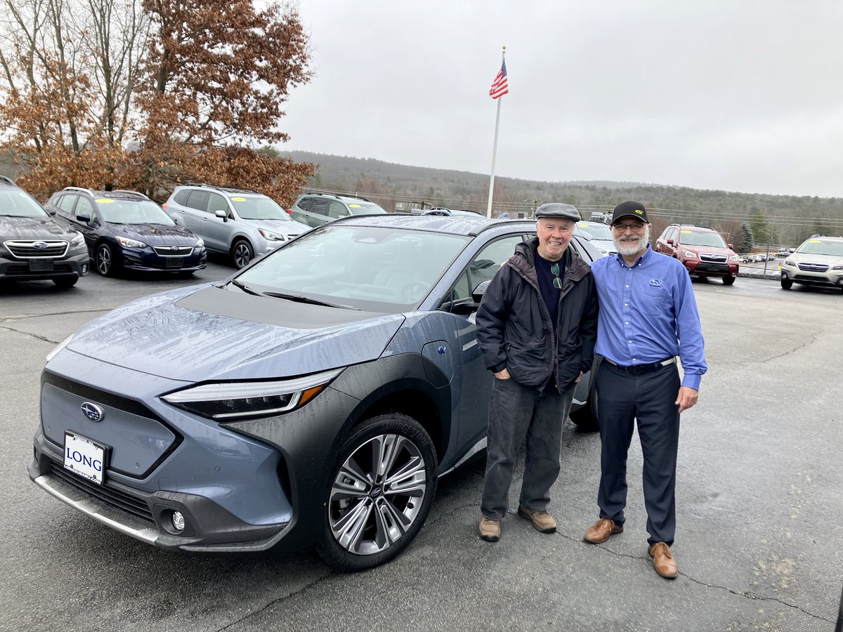 LongSubaru's tweet photo. Congratulations to James on your new #Solterra! James took home our first #SubaruSolterra delivery today and he's pictured here with his Sales Consultant David Fayard (r). #LONGSubaruDriver #herecomesthesun #loveisnowelectric #ev https://t.co/i3r4xlxmTo