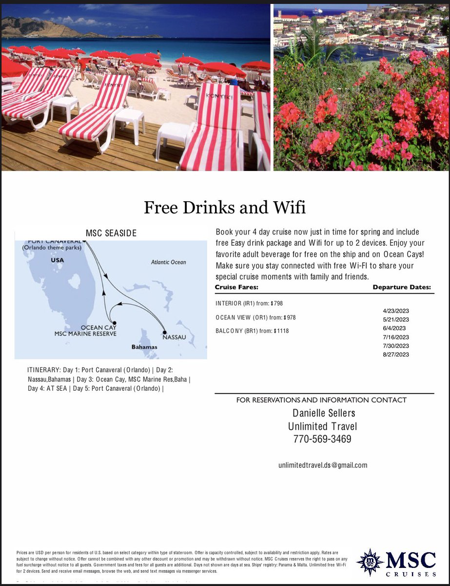 Free drink and unlimited Wi-fi on MSC cruises. Book now for spring and summer. daniellesellers.InteleTravel.com
