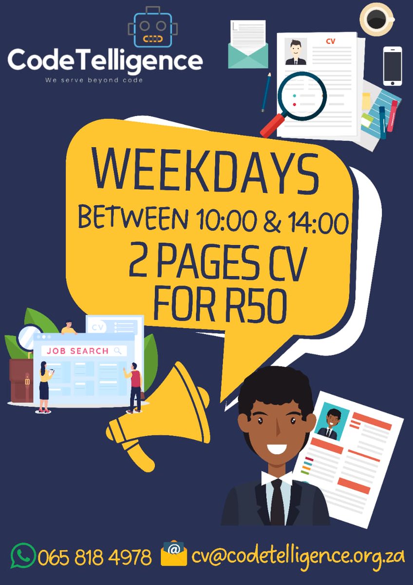 beyond_codepro's tweet image. A new year & a new career – start your 2023 off right with professional CV.
Actual cost for CV writing is R150! But for Jan 2023, you pay ONLY R50 for your 2 pages CV. Payment confirms your order, can only do 2 CVs/day.
wa.me/message/JP7SK5… / email cv@codetelligence.org.za