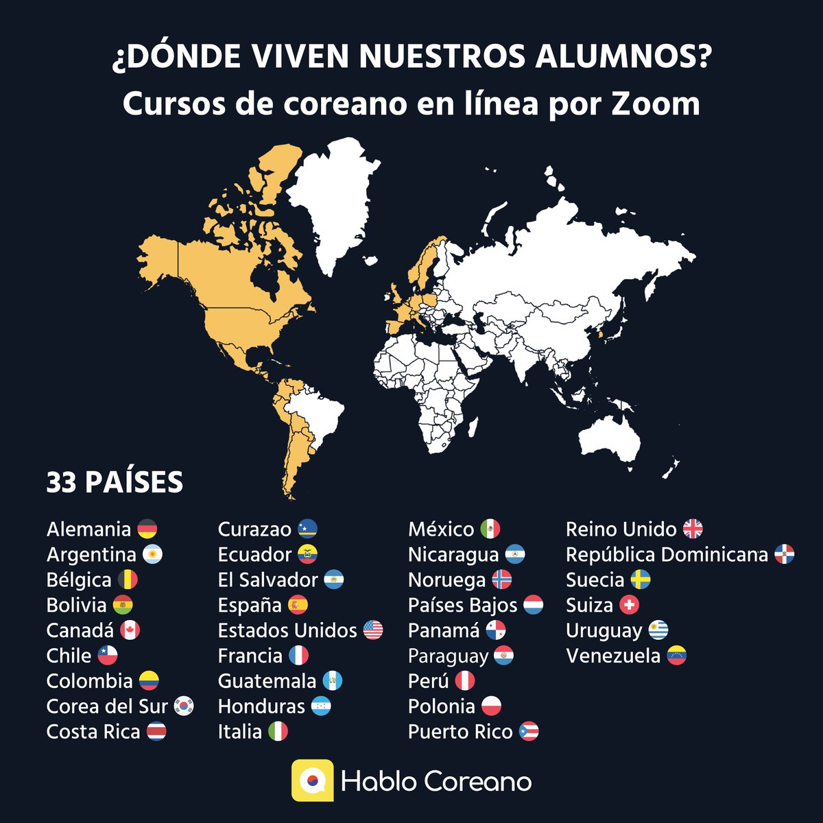 HabloCoreano's tweet photo. Los 33 países donde residen nuestros alumnos de las clases en línea por Zoom 🌎.

https://t.co/SQy1UtcfHN 
Cursos de coreano en línea https://t.co/EihkmM8n4Z