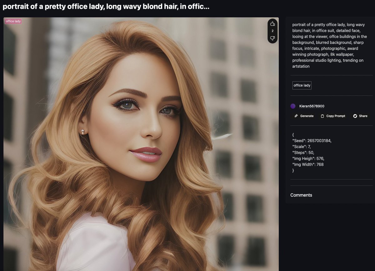 isbkch's tweet image. &quot;Portrait of a pretty office lady, long wavy blond hair...&quot; Their DiffusionBee result, vs my #DiffusionBee result 😂