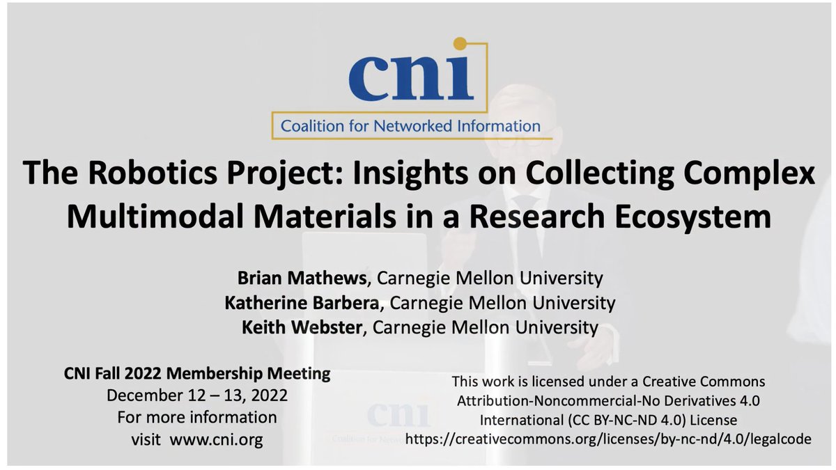 Keith Webster (@cmkeithw) on Twitter photo The recording of our presentation at #cni22f "The Robotics Project: Insights on Collecting Complex Multimodal Materials in a Research Ecosystem" is now available at youtube.com/watch?v=EbXDr-… More information on our work is at library.cmu.edu/university-arc…
<a href="/brightarchives/">Katherine Barbera</a> <a href="/CMULibraries/">CMU Libraries</a> The recording of our presentation at #cni22f "The Robotics Project: Insights on Collecting Complex Multimodal Materials in a Research Ecosystem" is now available at youtube.com/watch?v=EbXDr-… More information on our work is at library.cmu.edu/university-arc…
<a href="/brightarchives/">Katherine Barbera</a> <a href="/CMULibraries/">CMU Libraries</a>
