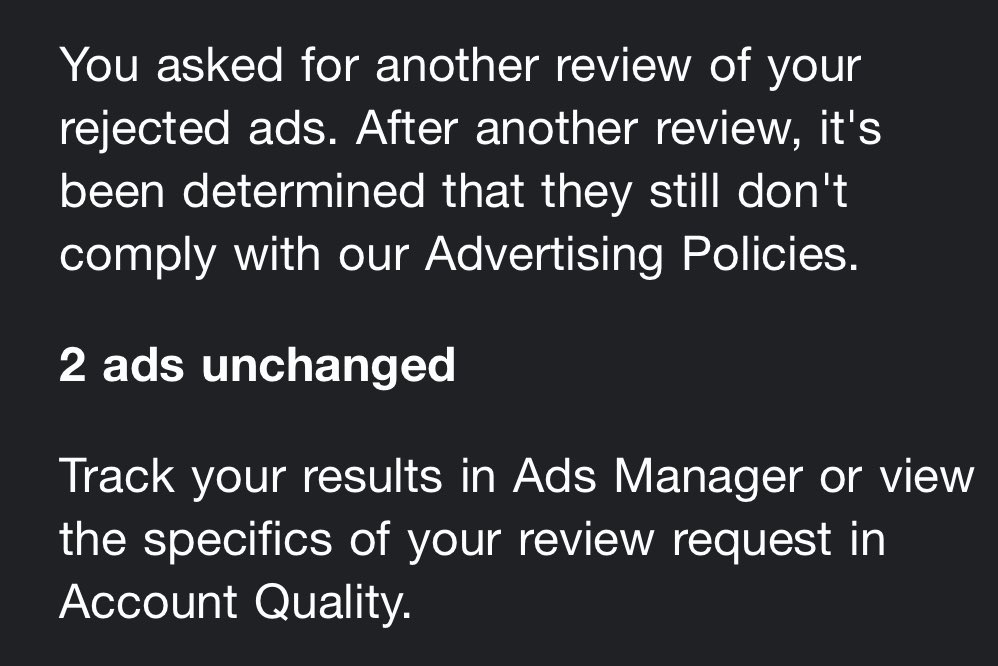 PS for those asking, this is how FB  rejected our appeal. The “ad” (ie our cover teasing Biden) didn’t “comply with advertising policies”. Doesn’t say why not. Nothing about wrong person posting, etc. We run Spectator covers all the time as FB ads, usually mocking politicians...