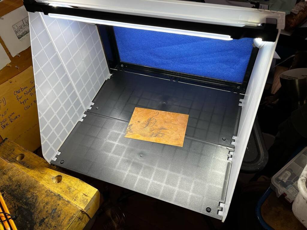 mapartist's tweet photo. Hooray! A #newtoy ! My airbrush booth just arrived. This will enable me to apply #aquatint to my plates; the next print will need five plates with a fine screen of dots. This is a safe non-toxic process when compared to traditional rosin boxes and it tak… https://t.co/HJHnjJDkCw https://t.co/EDE0ZaLNIZ