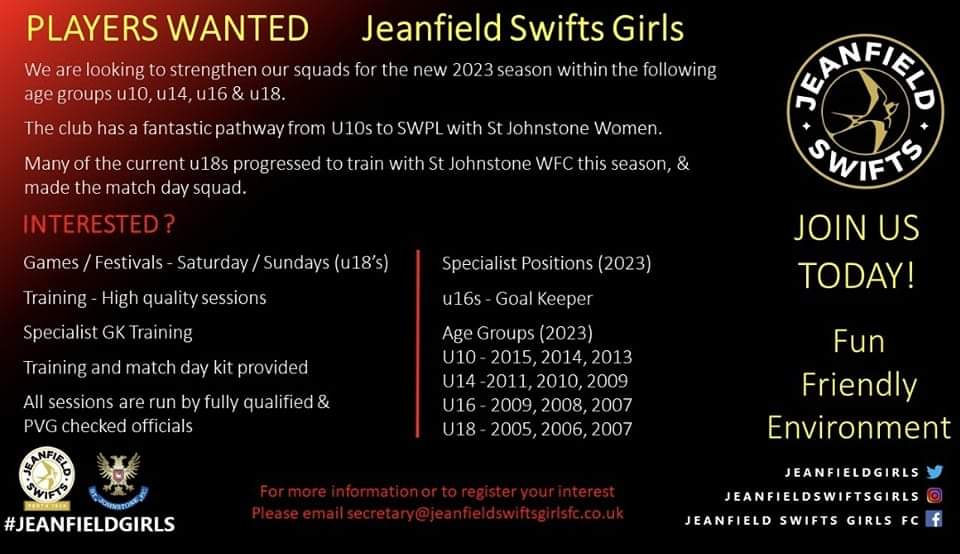 JeanfieldGirls's tweet photo. **Player Recruitment**

Looking for a new challenge?

We are looking to strengthen squads for the new 2023 season within the following age groups, u10, u14, u16 &amp; u18

Please get in touch via our social media channels for more info or email secretary@jeanfieldswiftgfc.co.uk https://t.co/SyDAzZYrn5