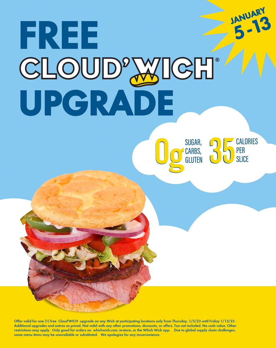 whichwich's tweet image. Cut the carbs for Keto Day! Get a free Cloud'WICH upgrade today through January 13! Swap the bun for zero-carb Cloud Bread for a lighter take on the Which Wich flavor you crave. Use code CLOUD on the app and online! #KetoDay #CloudWICH #CloudBread #KetoHacks  @thecloudbreadco