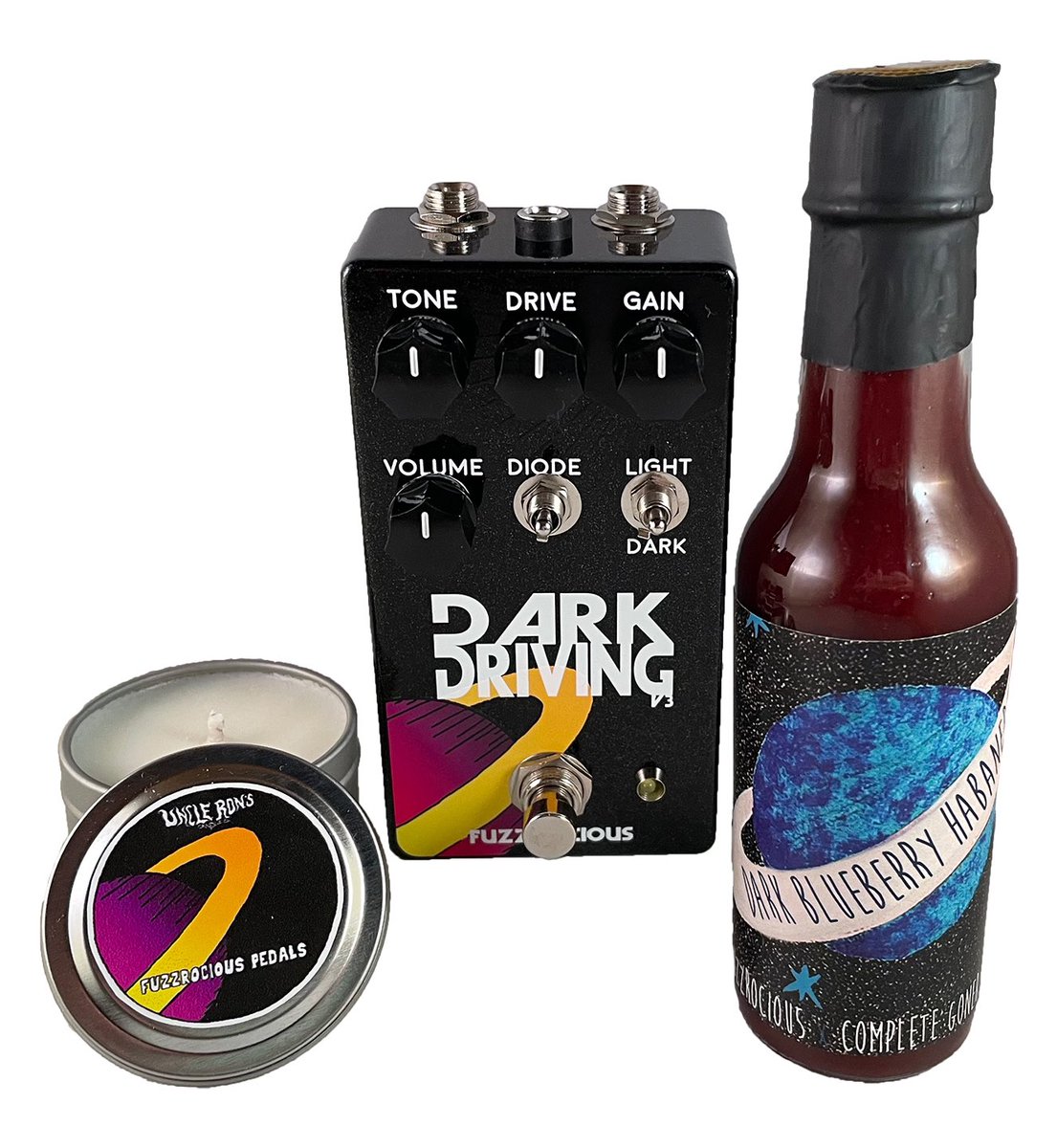 fuzzrocious's tweet image. Join us for the launch of Dark Driving v3 on Friday, Jan 6 at 10:00AM EST!
Sold @ participating dealers.
Direct stock comes w/ a limited @BurnOne4Ron raspberry toasted marshmallow candle &amp;amp; Complete Goner blueberry habanero hot sauce.
#fuzzrocious #fuzzrociouspedals #darkdriving