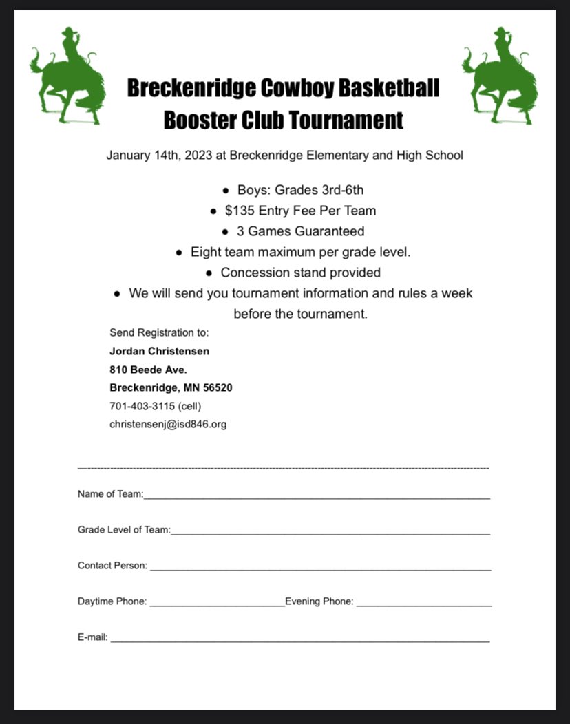 <a href="/nodakbasketball/">Nodak 🏀</a> Breckenridge Cowboy Basketball is looking for 2- 5th and 6th grade boys teams for our January 14th tournament . We will give a discount on registration. Please contact Jordan Christensen if interested.